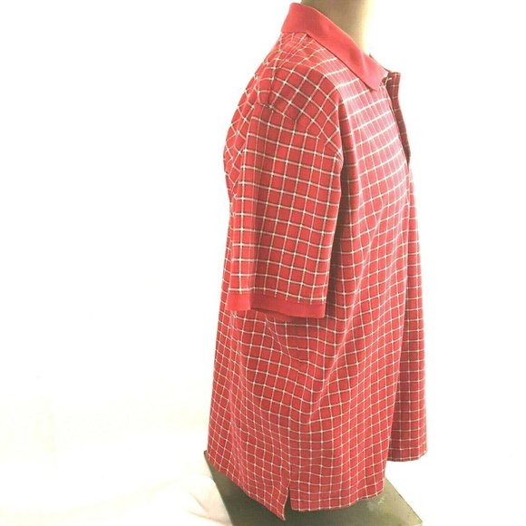 Eddie Bauer Polo Golf Mens Plaid Shirt Top Medium Red Short Sleeve Pullover - Picture 2 of 8